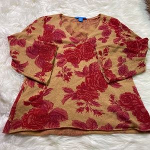 White + Warren Cashmere Rose Print Sweater XL